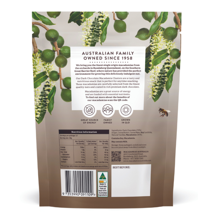 Macadamias Australia Dark Chocolate Macadamia Clusters 110g back of pack