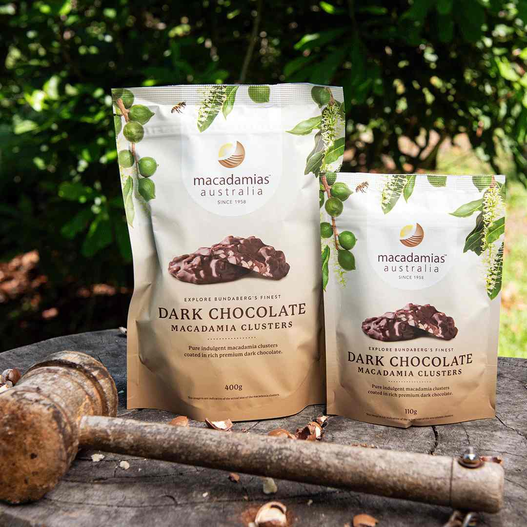 Macadamias Australia Dark Chocolate Macadamia Clusters 400g and 110g